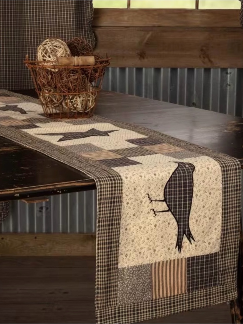 NWT Black and Cream Patchwork Crow Table Runner, Fall Table Decor, 13x72
